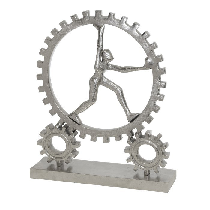 Round Human and Gear Aluminum Figurine, Silver