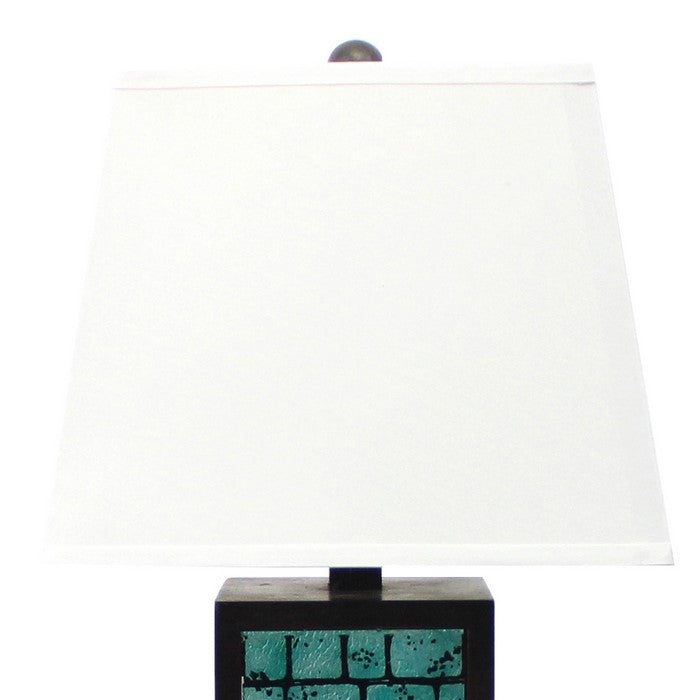 Rectangular Metal Frame Table Lamp with Brick Pattern, White and Blue