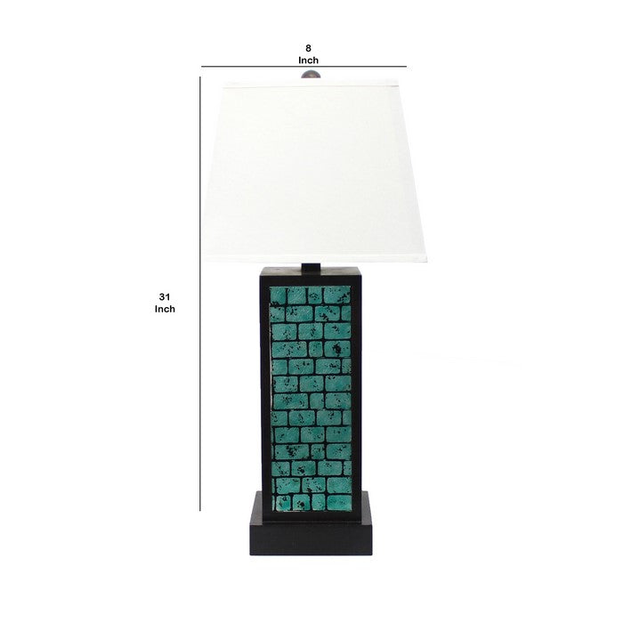 Rectangular Metal Frame Table Lamp with Brick Pattern, White and Blue
