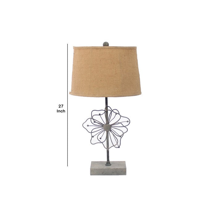Metal Table Lamp with Flower Accent and Block Base,Beige and Gray
