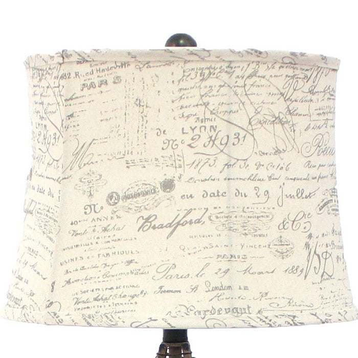 Metal Pyramid Base Table Lamp with Wire Design and Scripted Shade, Gray