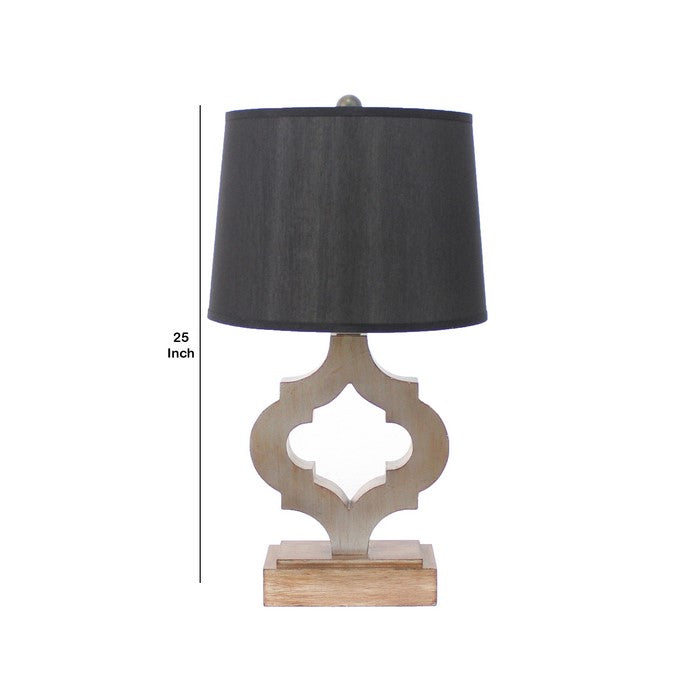 Wooden Table Lamp with Quatrefoil Design Base, Black and Antique White