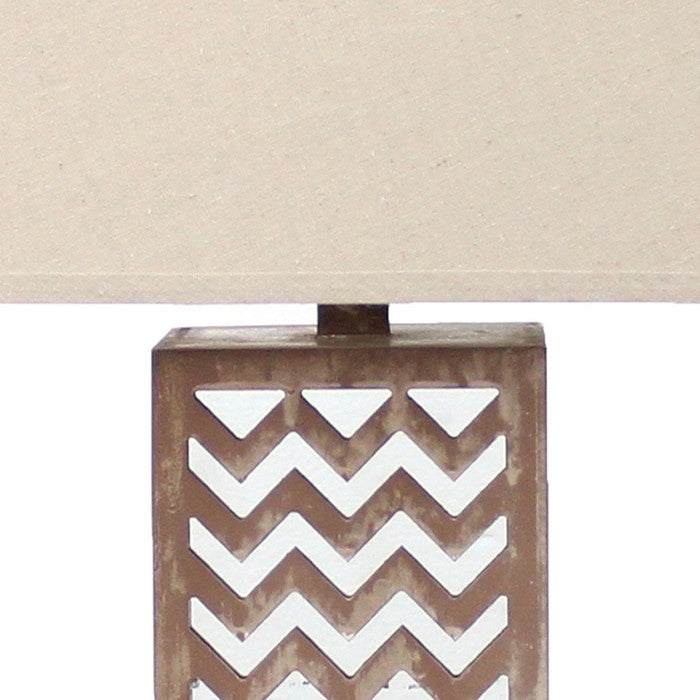 Table Lamp with Chevron Pattern and Mirror Inlay,Brown and Silver
