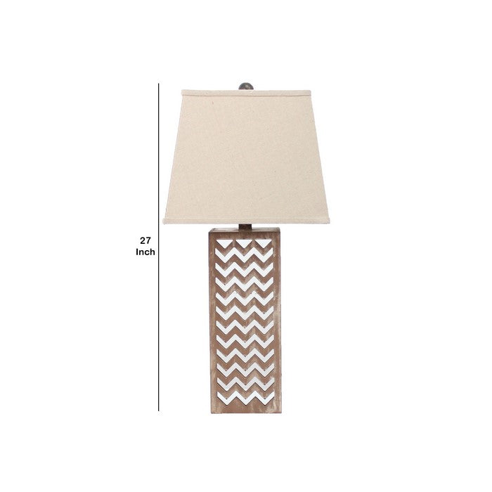Table Lamp with Chevron Pattern and Mirror Inlay,Brown and Silver