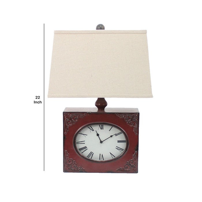 Clock Design Metal Table Lamp with Tapered Shade, Red and Beige