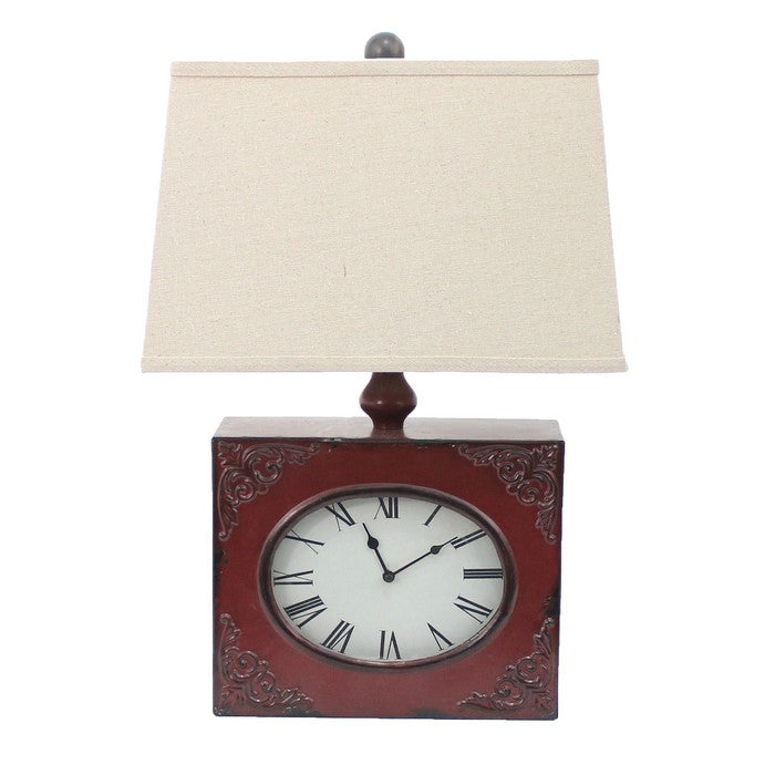 Clock Design Metal Table Lamp with Tapered Shade, Red and Beige