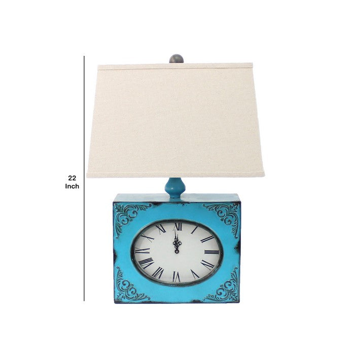 Clock Design Metal Table Lamp with Tapered Shade, Blue and Beige