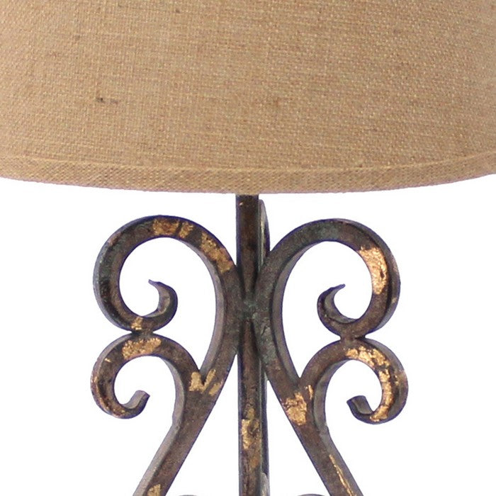 Metal Table Lamp with Scroll Design Base and 2 Way Switch,Bronze and Beige