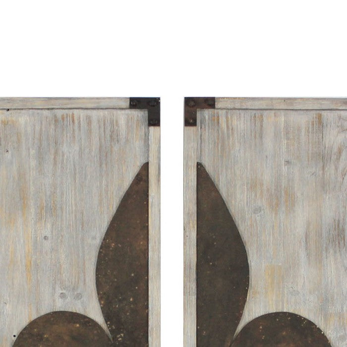 Wooden Wall Plaque with Fleur De Lis Pattern, Set of 2, Bronze and White