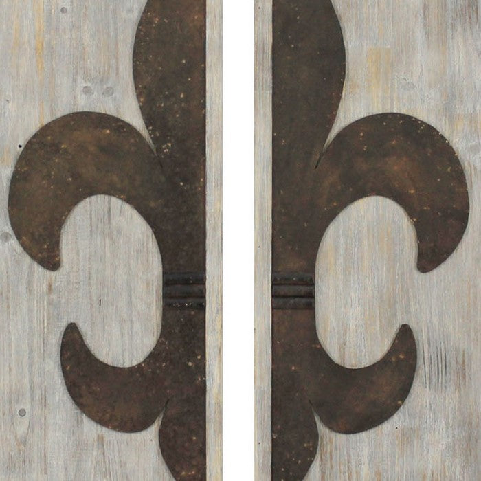 Wooden Wall Plaque with Fleur De Lis Pattern, Set of 2, Bronze and White