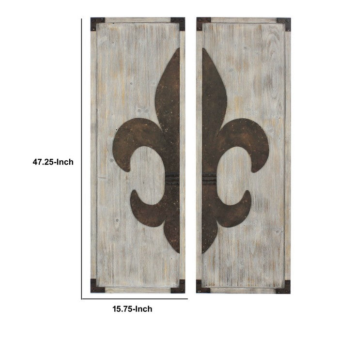 Wooden Wall Plaque with Fleur De Lis Pattern, Set of 2, Bronze and White