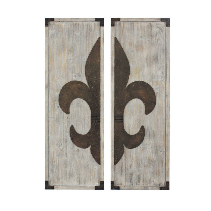 Wooden Wall Plaque with Fleur De Lis Pattern, Set of 2, Bronze and White