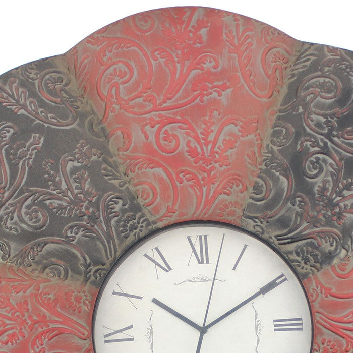 Blooming Flower Design Metal Wall Clock with Scroll Motifs, Red and Black
