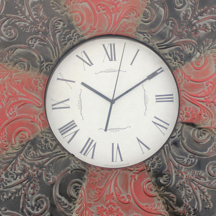 Blooming Flower Design Metal Wall Clock with Scroll Motifs, Red and Black