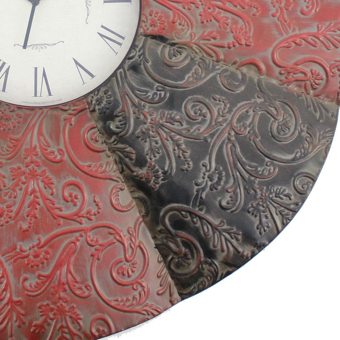 Blooming Flower Design Metal Wall Clock with Scroll Motifs, Red and Black