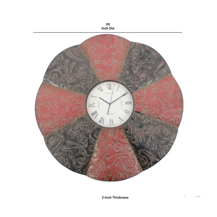 Blooming Flower Design Metal Wall Clock with Scroll Motifs, Red and Black
