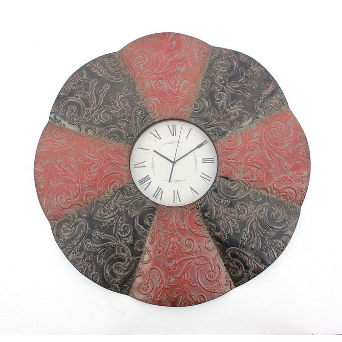 Blooming Flower Design Metal Wall Clock with Scroll Motifs, Red and Black
