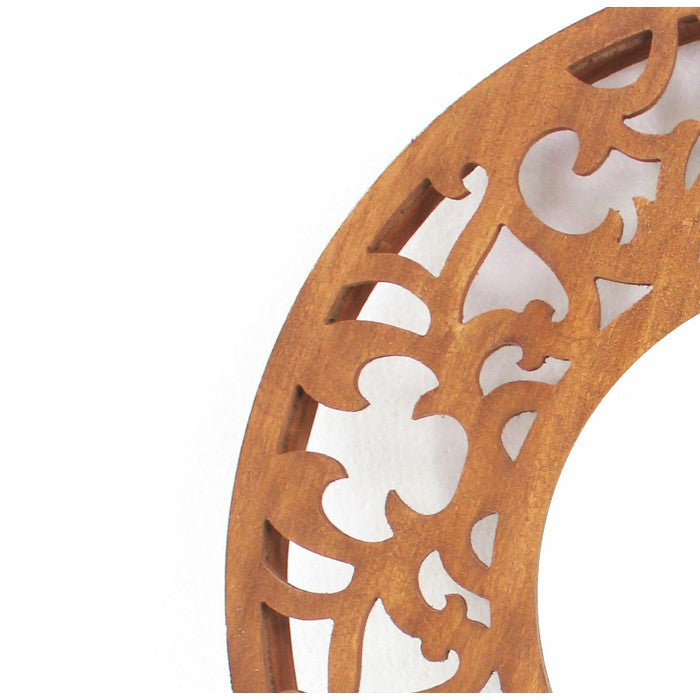 Round Wooden Wall Mirror with Scroll Cut Out Design, Silver and Brown