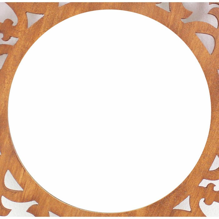 Round Wooden Wall Mirror with Scroll Cut Out Design, Silver and Brown
