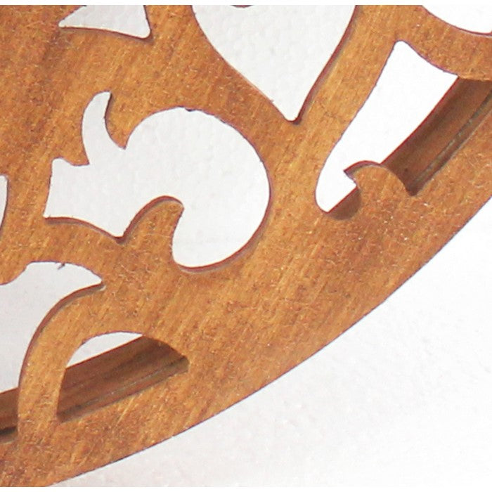 Round Wooden Wall Mirror with Scroll Cut Out Design, Silver and Brown
