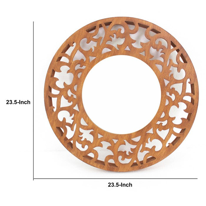 Round Wooden Wall Mirror with Scroll Cut Out Design, Silver and Brown