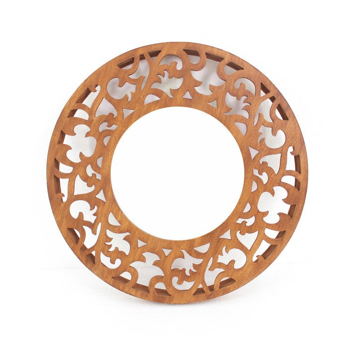 Round Wooden Wall Mirror with Scroll Cut Out Design, Silver and Brown