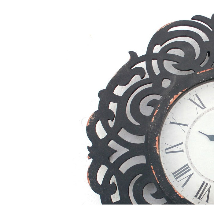 Round Metal Wall Clock with Scroll Design Frame, Antique Black