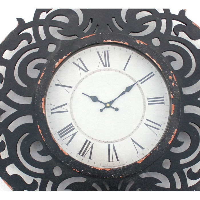 Round Metal Wall Clock with Scroll Design Frame, Antique Black