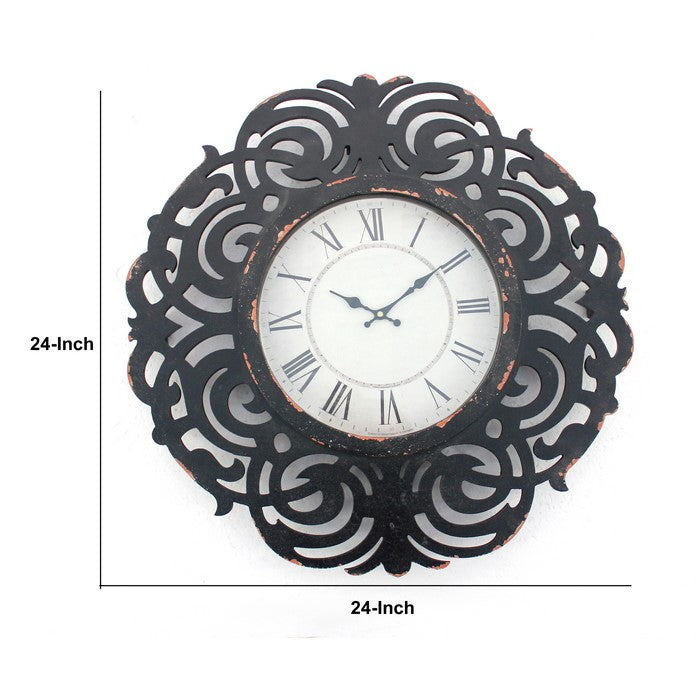 Round Metal Wall Clock with Scroll Design Frame, Antique Black