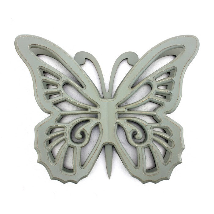 Wooden Butterfly Wall Plaque with Cutout Detail, Light Gray