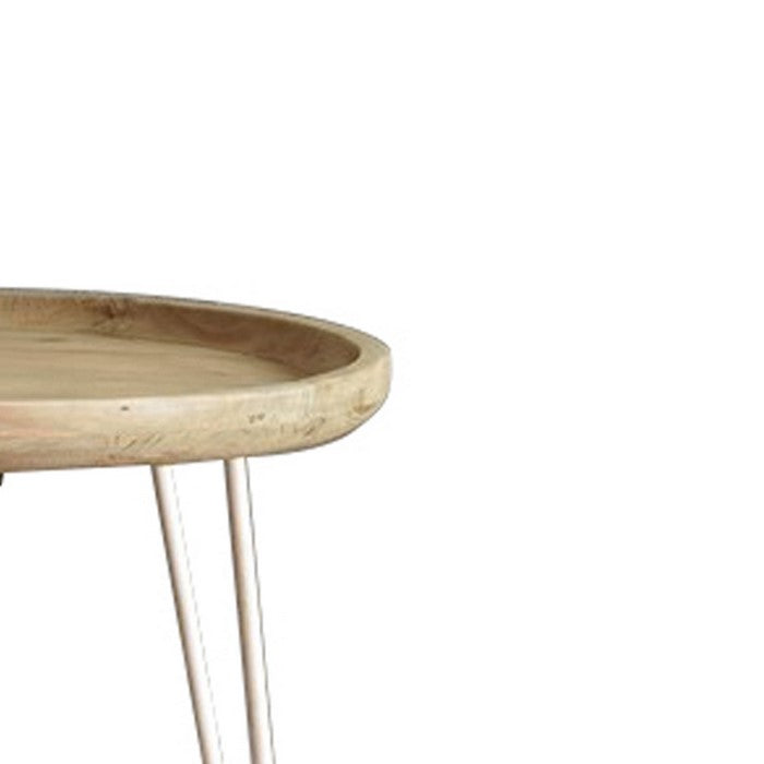 Round Wooden Side Table with Metal Hairpin Legs, Brown and White
