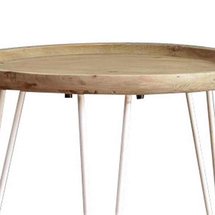 Round Wooden Side Table with Metal Hairpin Legs, Brown and White