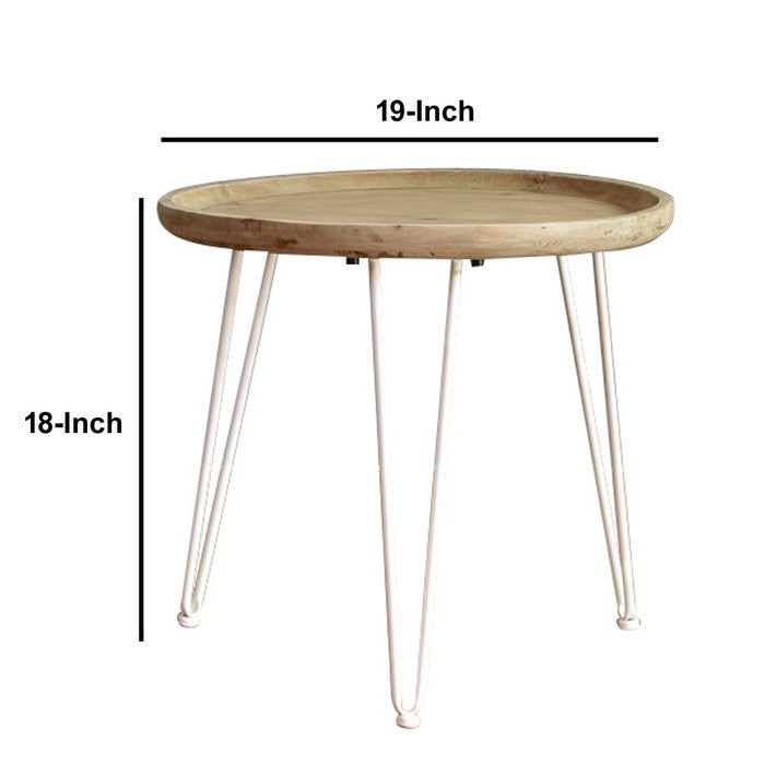 Round Wooden Side Table with Metal Hairpin Legs, Brown and White