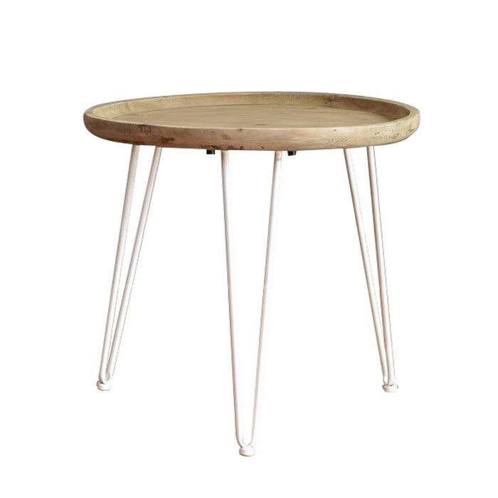 Round Wooden Side Table with Metal Hairpin Legs, Brown and White