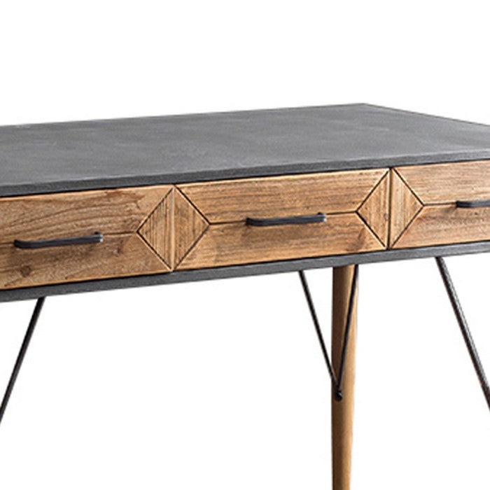 Geometric Metal and Wood Console Table with 3 Drawers, Gray and Brown