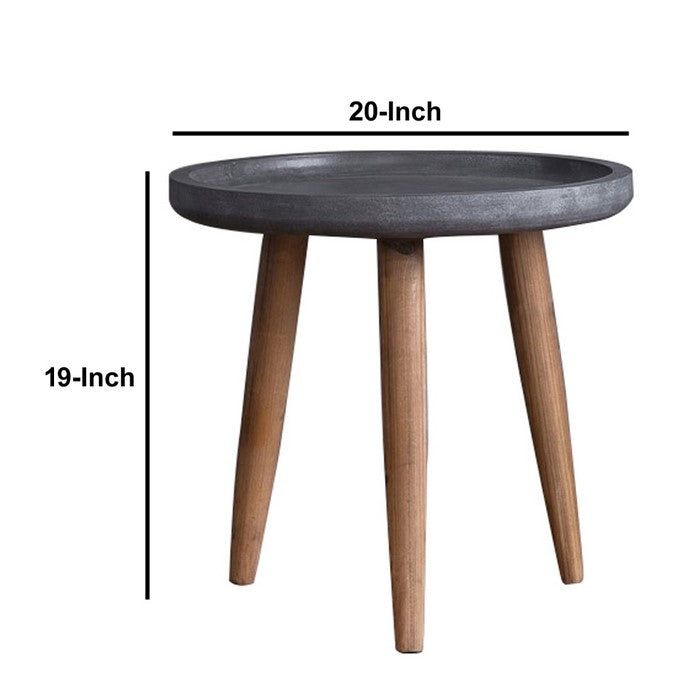 Round Wooden Side Table with Tapered Legs, Brown and Gray