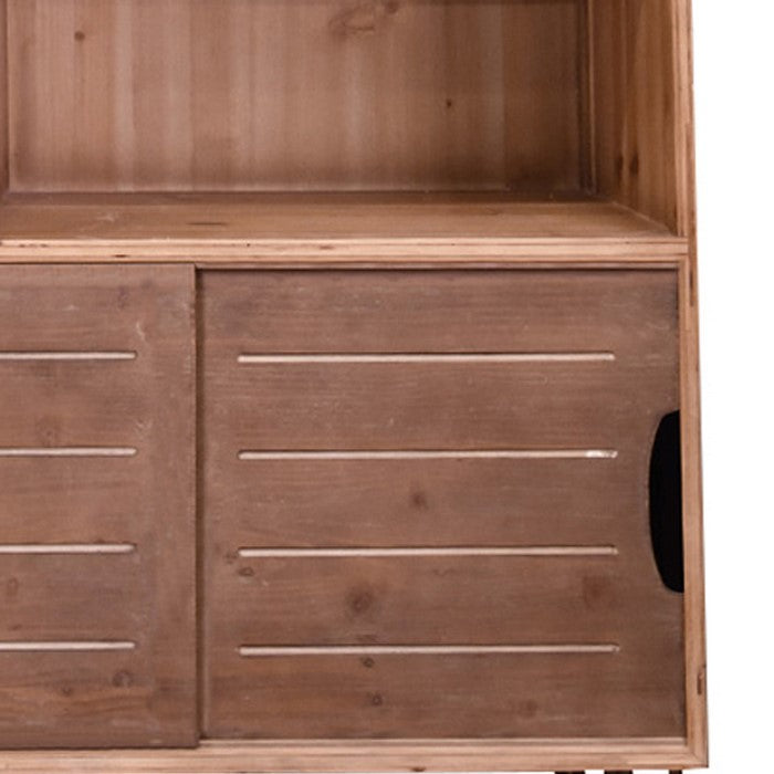 Wooden Storage with 3 Open Compartments and 2 Sliding Doors, Brown