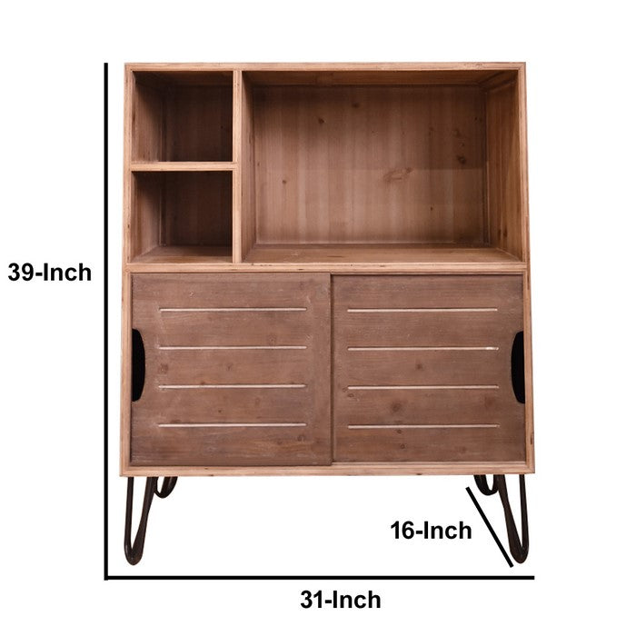 Wooden Storage with 3 Open Compartments and 2 Sliding Doors, Brown