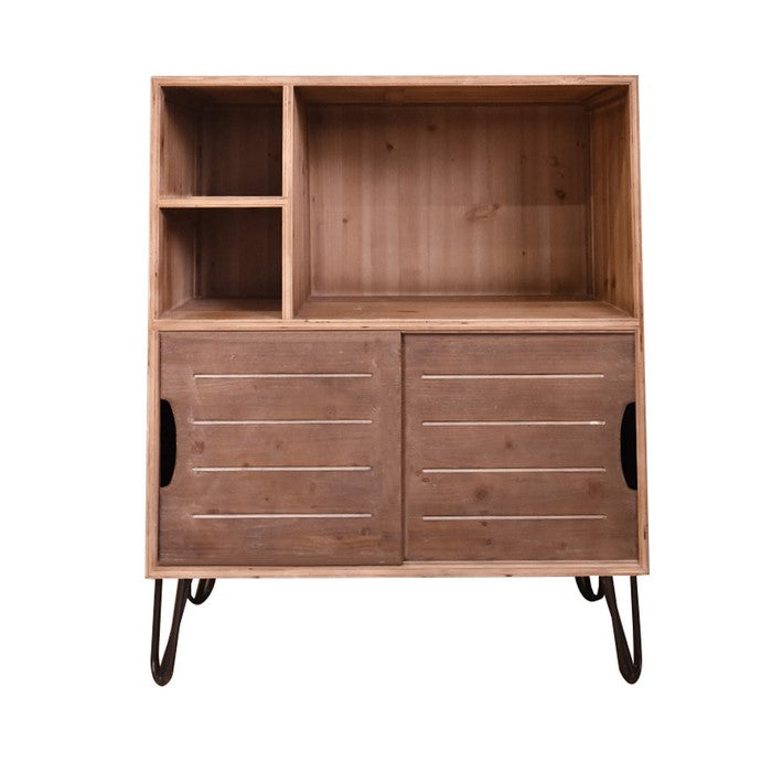 Wooden Storage with 3 Open Compartments and 2 Sliding Doors, Brown