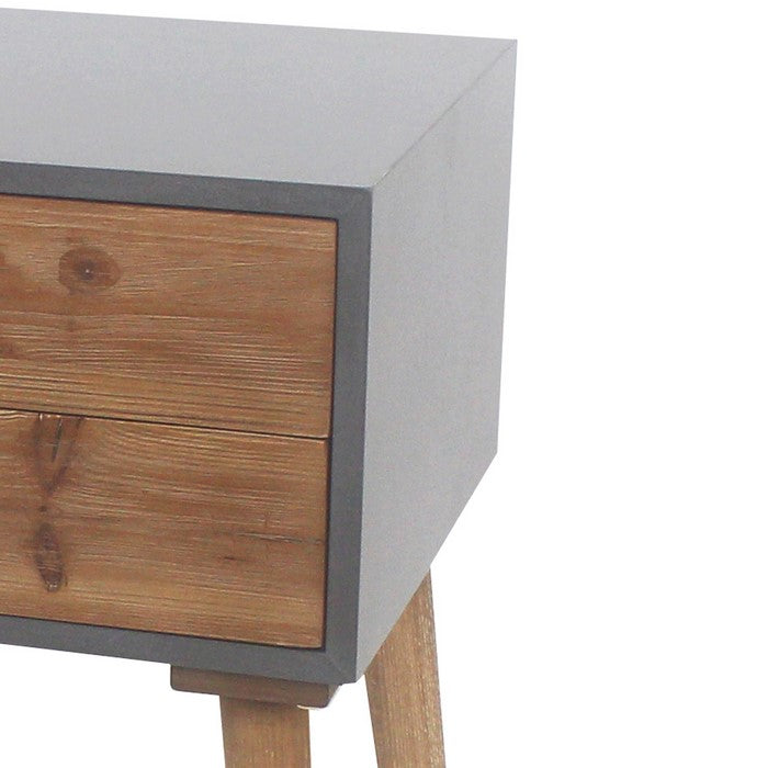 Wooden Side Table with 2 Drawers and Tapered Legs, Brown and Gray