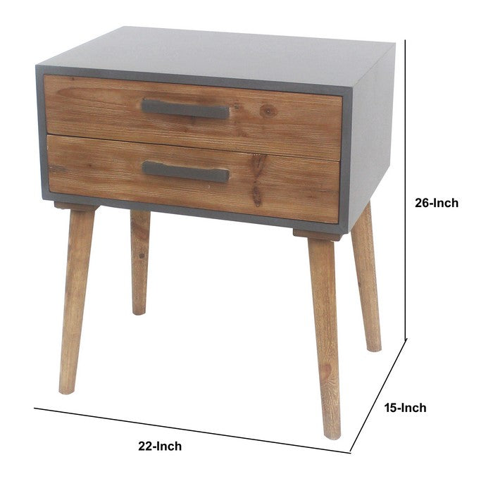 Wooden Side Table with 2 Drawers and Tapered Legs, Brown and Gray