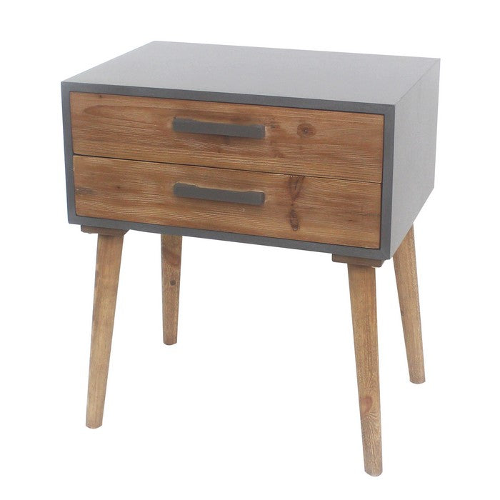 Wooden Side Table with 2 Drawers and Tapered Legs, Brown and Gray