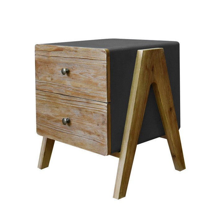 Wooden Side Table with 2 Drawers and A Shape Legs, Brown and Gray