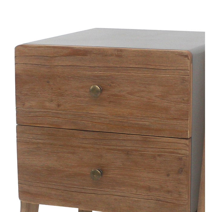 Wooden Side Table with 2 Drawers and A Shape Legs, Brown and Gray