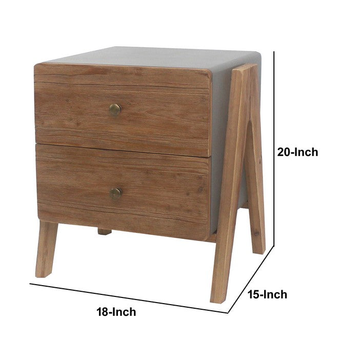Wooden Side Table with 2 Drawers and A Shape Legs, Brown and Gray