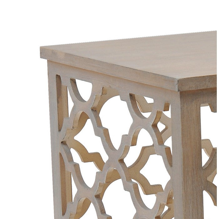 Wooden Cage Like End Table with Quatrefoil Cut Out Details, Cream