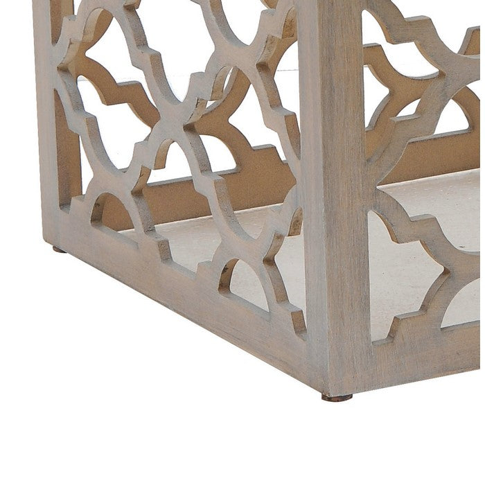 Wooden Cage Like End Table with Quatrefoil Cut Out Details, Cream