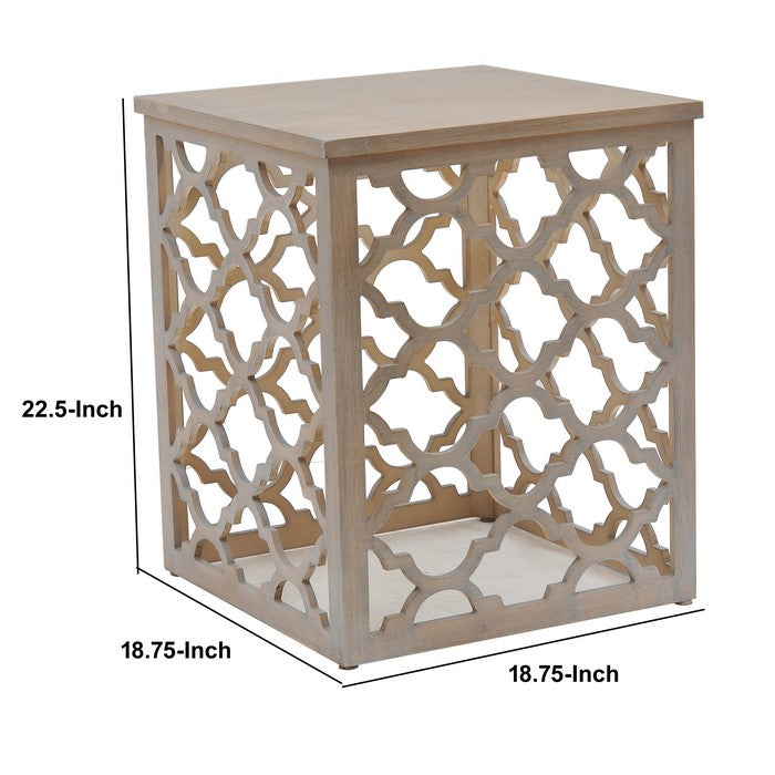 Wooden Cage Like End Table with Quatrefoil Cut Out Details, Cream