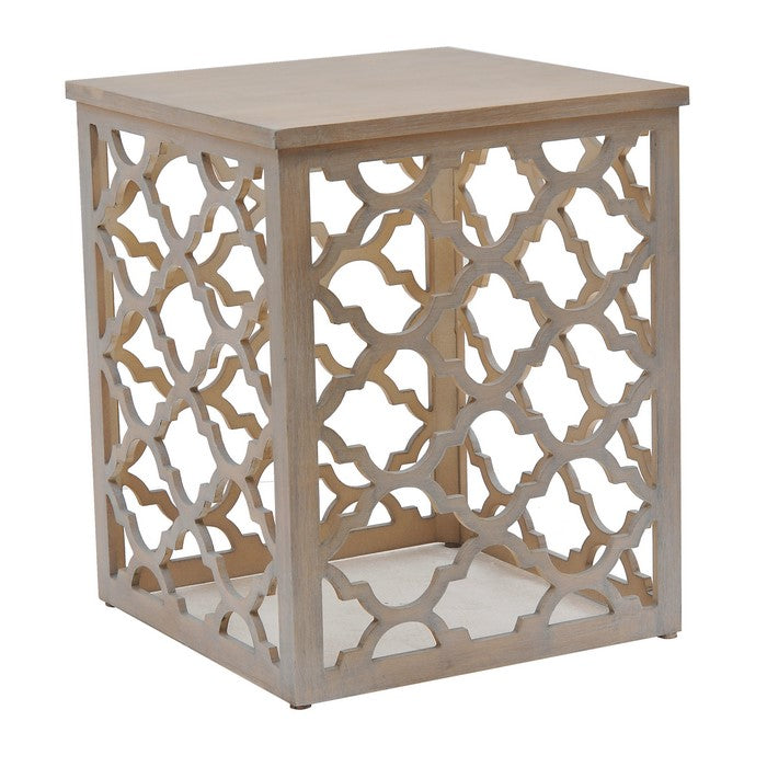 Wooden Cage Like End Table with Quatrefoil Cut Out Details, Cream