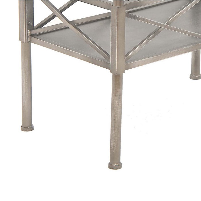 2 Tier Metal Frame Storage Shelf with Geometric Details, Silver